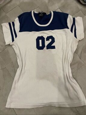 White and Navy Athletic '02' Jersey Tee